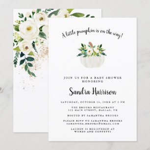 White Watercolor Floral Pumpkin Baby Shower Invitation