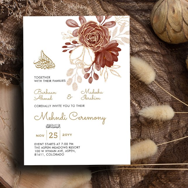 White Watercolor Floral Rustic Gold Muslim Mehndi Invitation (Creator Uploaded)