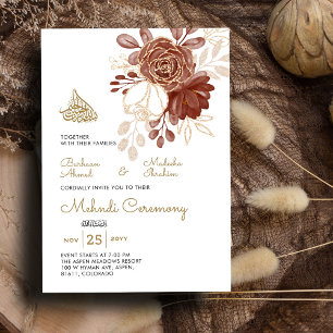 White Watercolor Floral Rustic Gold Muslim Mehndi Invitation