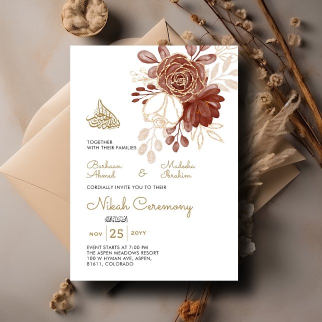 White Watercolor Floral Rustic Gold Muslim Nikah Invitation (Creator Uploaded)