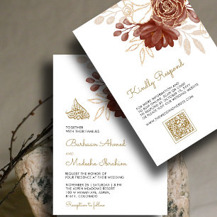 White Watercolor Floral Rustic Gold Muslim QR Wedd Invitation