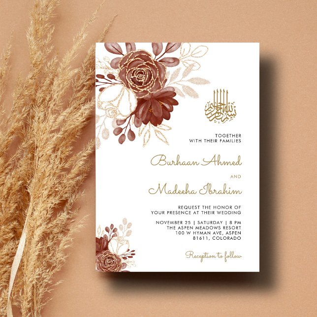 White Watercolor Floral Rustic Gold Muslim Wedding Invitation (Creator Uploaded)