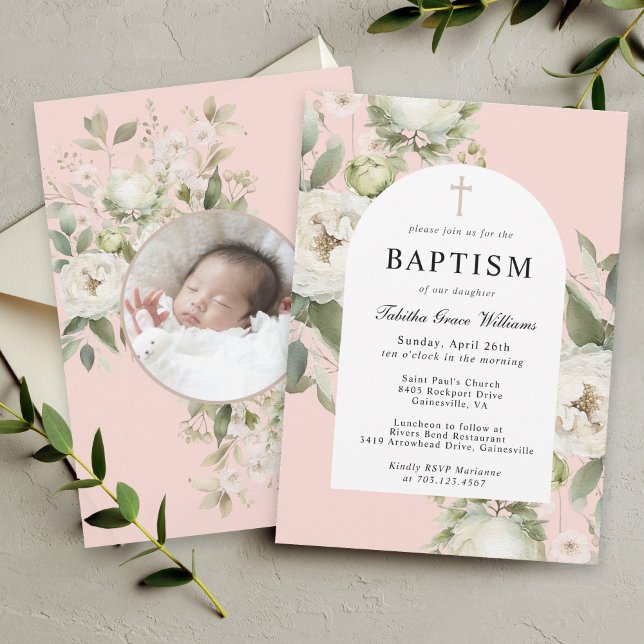 White Watercolor Floral with Baby Photo Baptism Invitation (Creator Uploaded)
