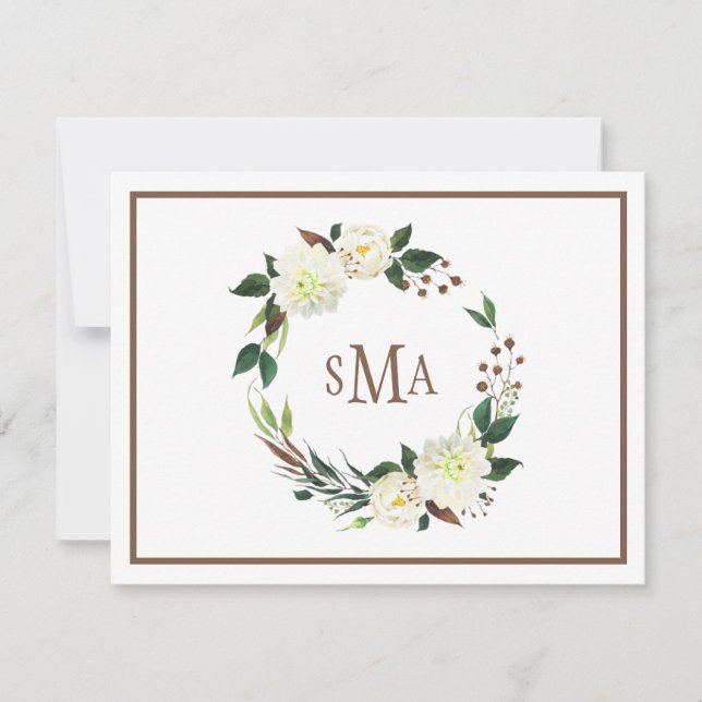 White Watercolor Floral Wreath Elegant Monogram Card (Front)