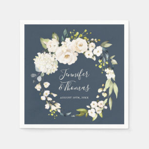 White Watercolor Floral Wreath on Navy Wedding Napkin