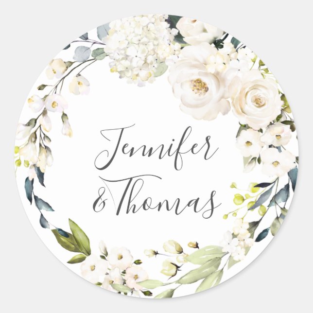 White Watercolor Floral Wreath Wedding Classic Round Sticker (Front)
