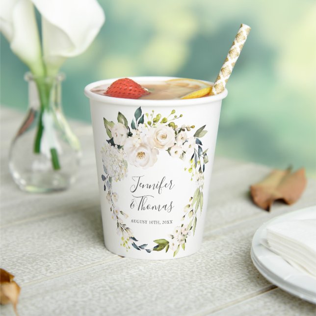 White Watercolor Floral Wreath Wedding Paper Cups (Insitu)
