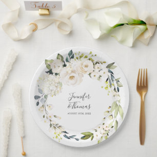 White Watercolor Floral Wreath Wedding Paper Plate