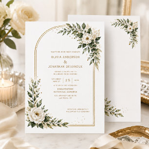 White Watercolor Florals Sage Greenery Gold Arch Invitation