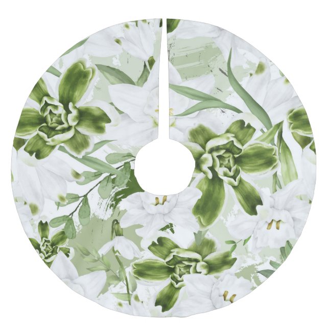 White Watercolor Flowers 2 Brushed Polyester Tree Skirt (Front)