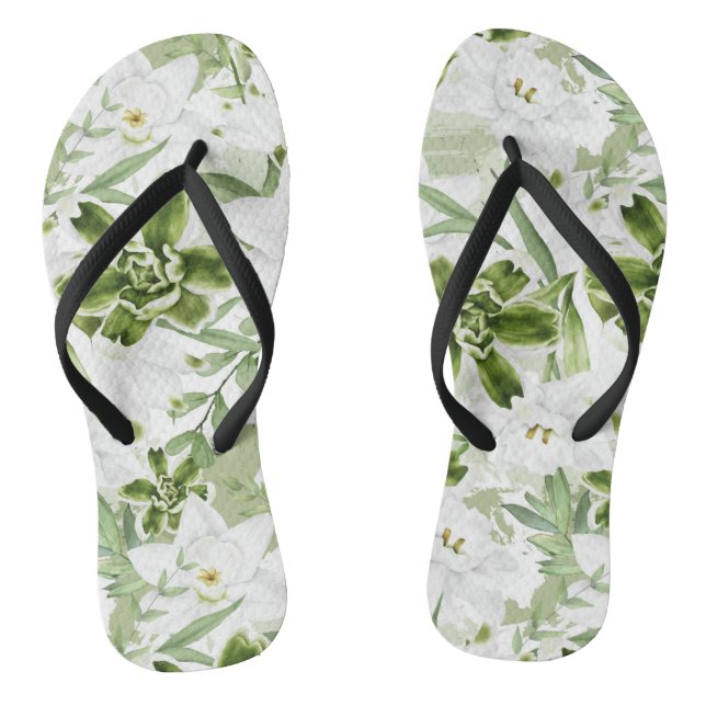 White Watercolor Flowers 2 Flip Flops (Footbed)