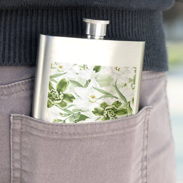 White Watercolor Flowers 2 Hip Flask (In Situ)