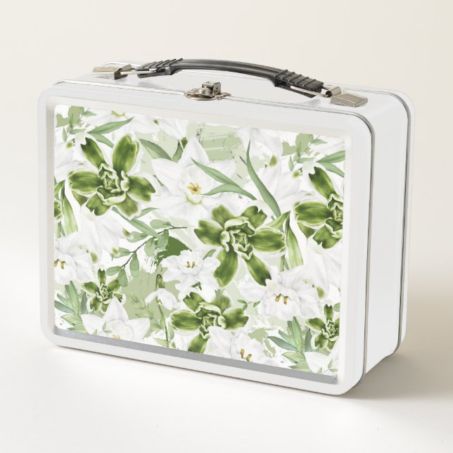 White Watercolor Flowers 2 Metal Lunch Box (Front)