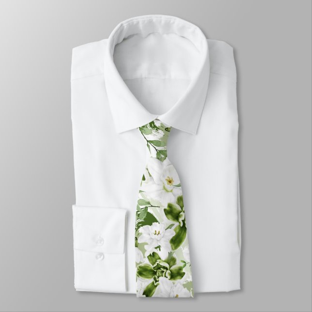 White Watercolor Flowers 2 Tie (Tied)