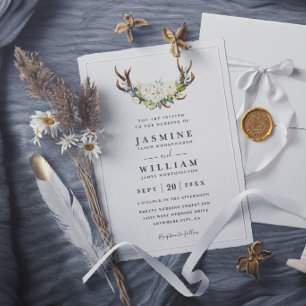 White Watercolor Flowers Antlers Rustic Wedding Invitation