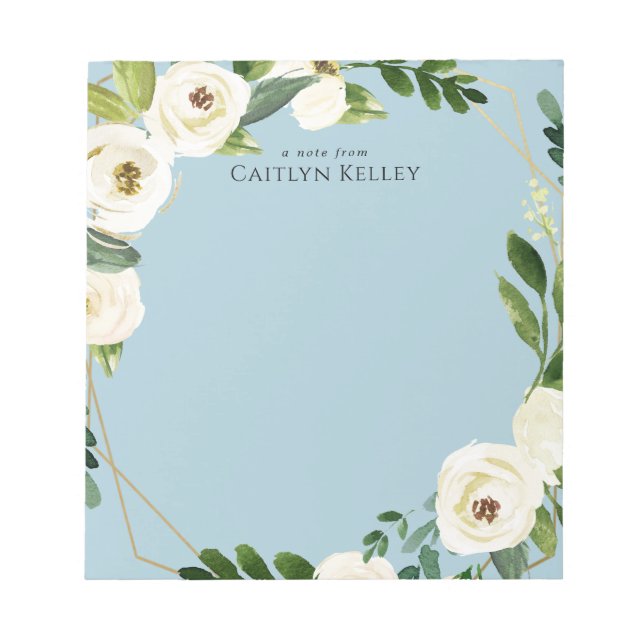 White Watercolor Flowers, Blue Personalised Notepad (Front)