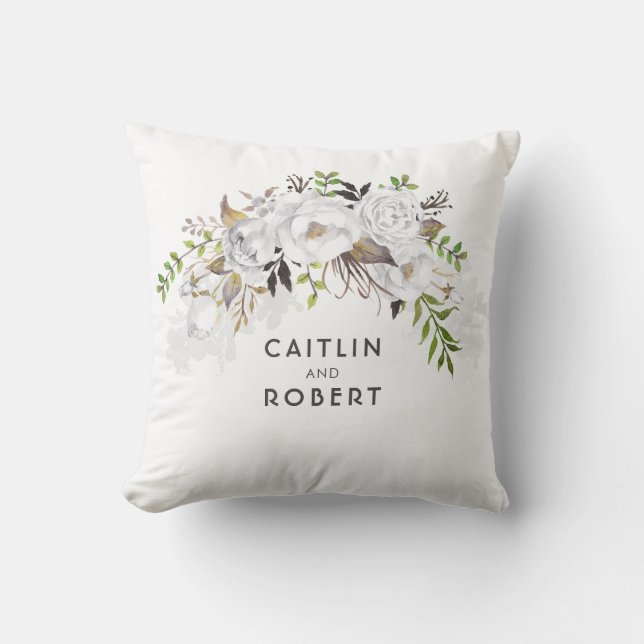 White Watercolor Flowers Elegant Romantic Cushion (Front)
