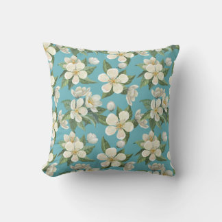 White Watercolor Flowers Green Leaves Cushion