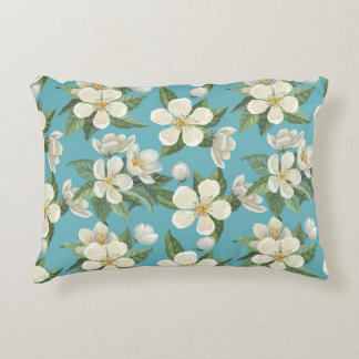 White Watercolor Flowers Green Leaves Decorative Cushion