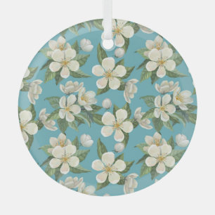 White Watercolor Flowers Green Leaves Glass Tree Decoration