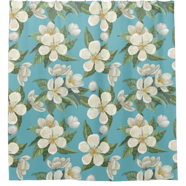 White Watercolor Flowers Green Leaves Shower Curtain (Front)