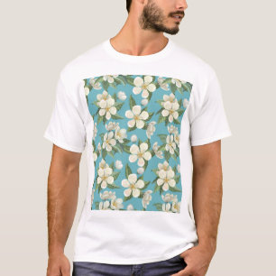 White Watercolor Flowers Green Leaves T-Shirt