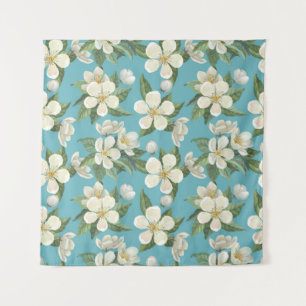 White Watercolor Flowers Green Leaves Tapestry