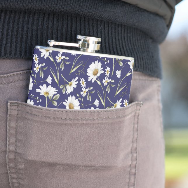 White Watercolor Flowers Hip Flask (In Situ)