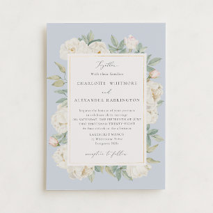 White watercolor Flowers, light blue  wedding  Invitation