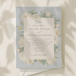 White watercolor Flowers, light blue wedding Invitation