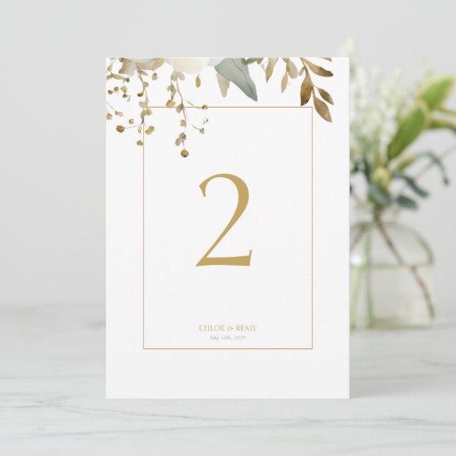 White | Watercolor Foliage Wedding Table Number (Standing Front)