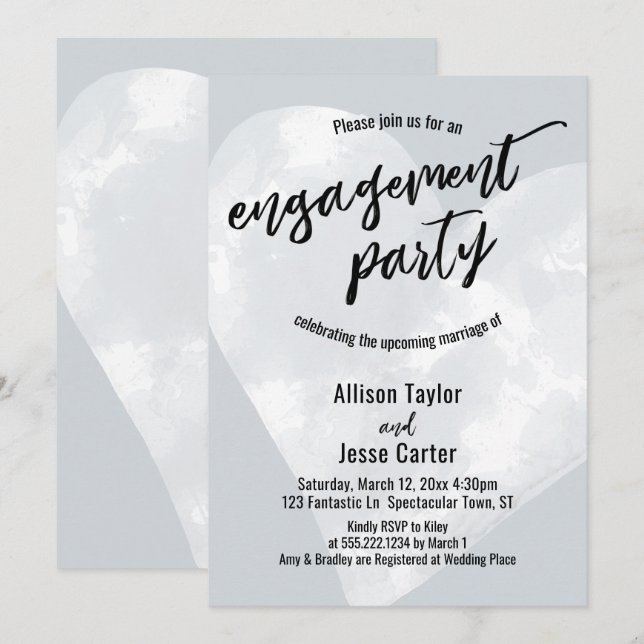 White Watercolor Heart Engagement Party Light Grey Invitation (Front/Back)