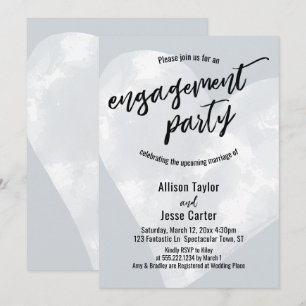 White Watercolor Heart Engagement Party Light Grey Invitation