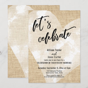 White Watercolor Heart Let's Celebrate Burlap Invitation
