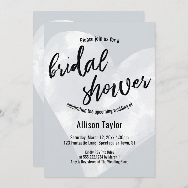 White Watercolor Heart Light Grey Bridal Shower Invitation (Front/Back)