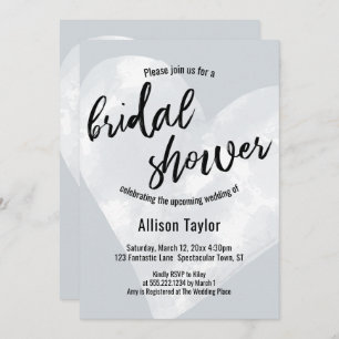White Watercolor Heart Light Grey Bridal Shower Invitation