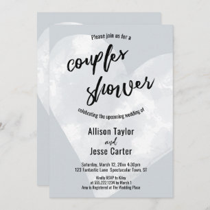 White Watercolor Heart Light Grey Couples Shower Invitation