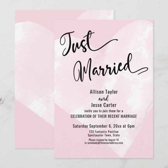 White Watercolor Heart Pink Just Married Script Invitation (Front/Back)