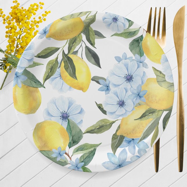 White Watercolor Lemon and Flower Paper Plate (Watercolor Lemon & Blue Flower Paper Plates for Main Squeeze Bridal Shower or Little Lemon Baby)