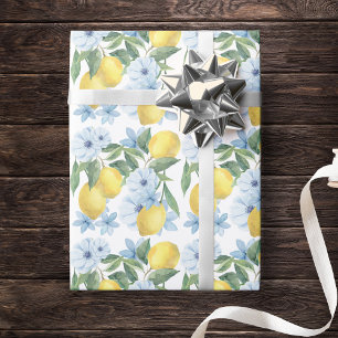 White Watercolor Lemon and Flowers Wrapping Paper
