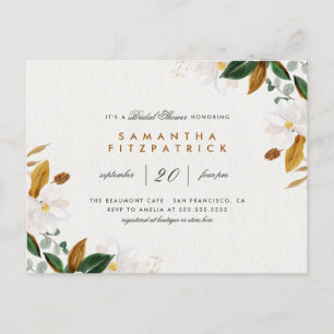 White Watercolor Magnolia Floral Bridal Shower Invitation Postcard