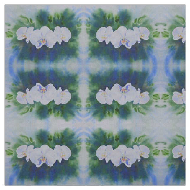 White watercolor orchid painting, botanical green fabric (Swatch)