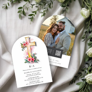 White Watercolor Pastel Floral Cross-Shape Wedding Invitation