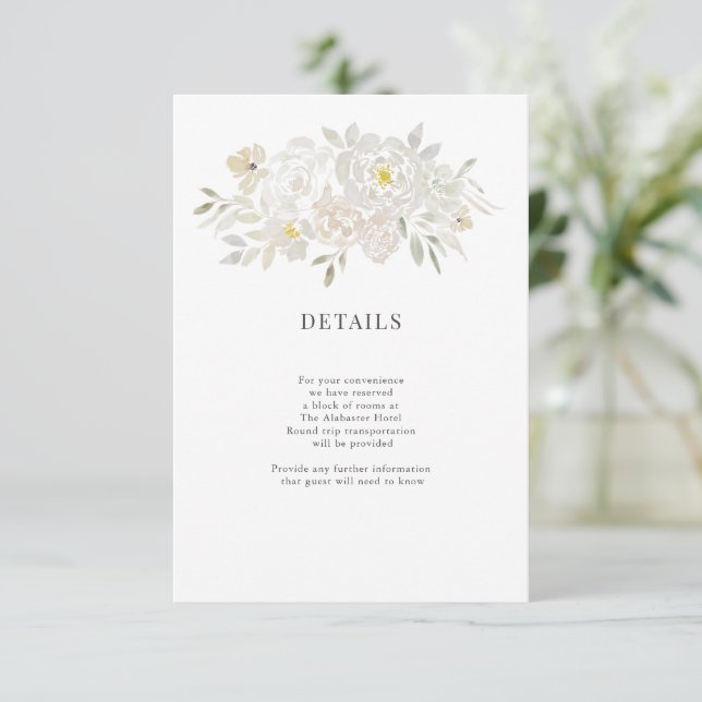 White Watercolor Peonies Wedding Details Enclosure Card (Standing Front)