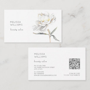 White Watercolor Peony Flower Business Card
