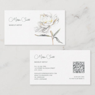 White Watercolor Peony Flower Business Card