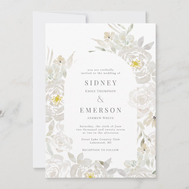 White Watercolor Peony Wedding Arch Invitation (Front)