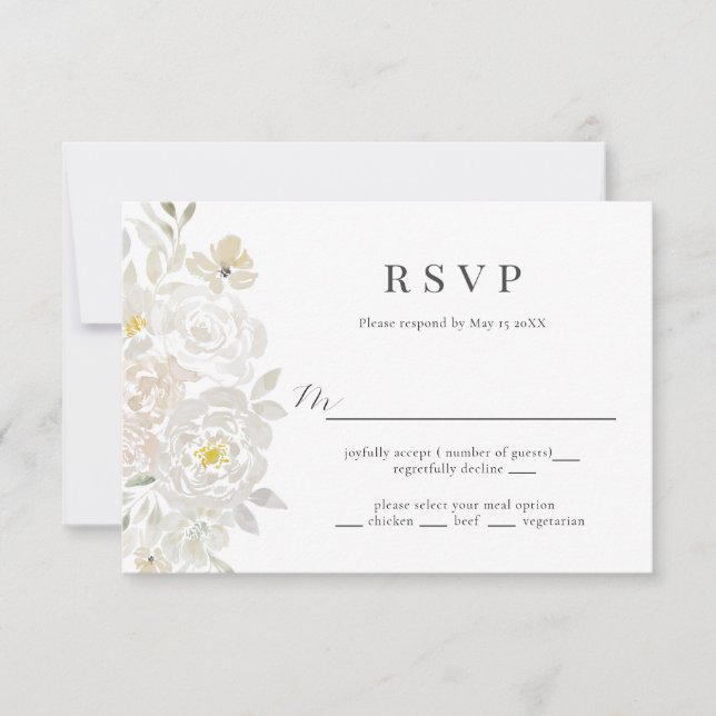 White Watercolor Peony Wedding RSVP Card (Front)