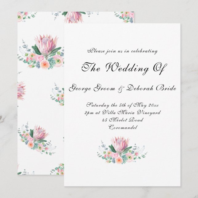White Watercolor Protea Formal Wedding Invitation (Front/Back)