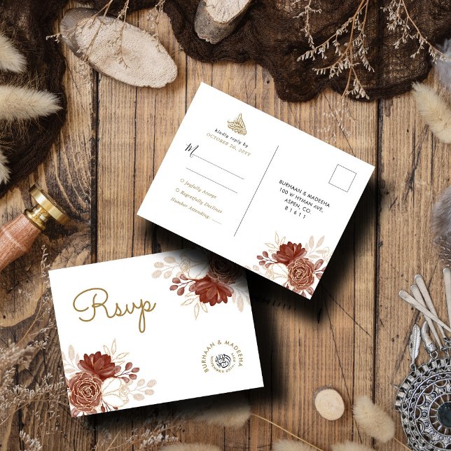 White Watercolor Rustic Gold Muslim Wedding RSVP Postcard (Creator Uploaded)